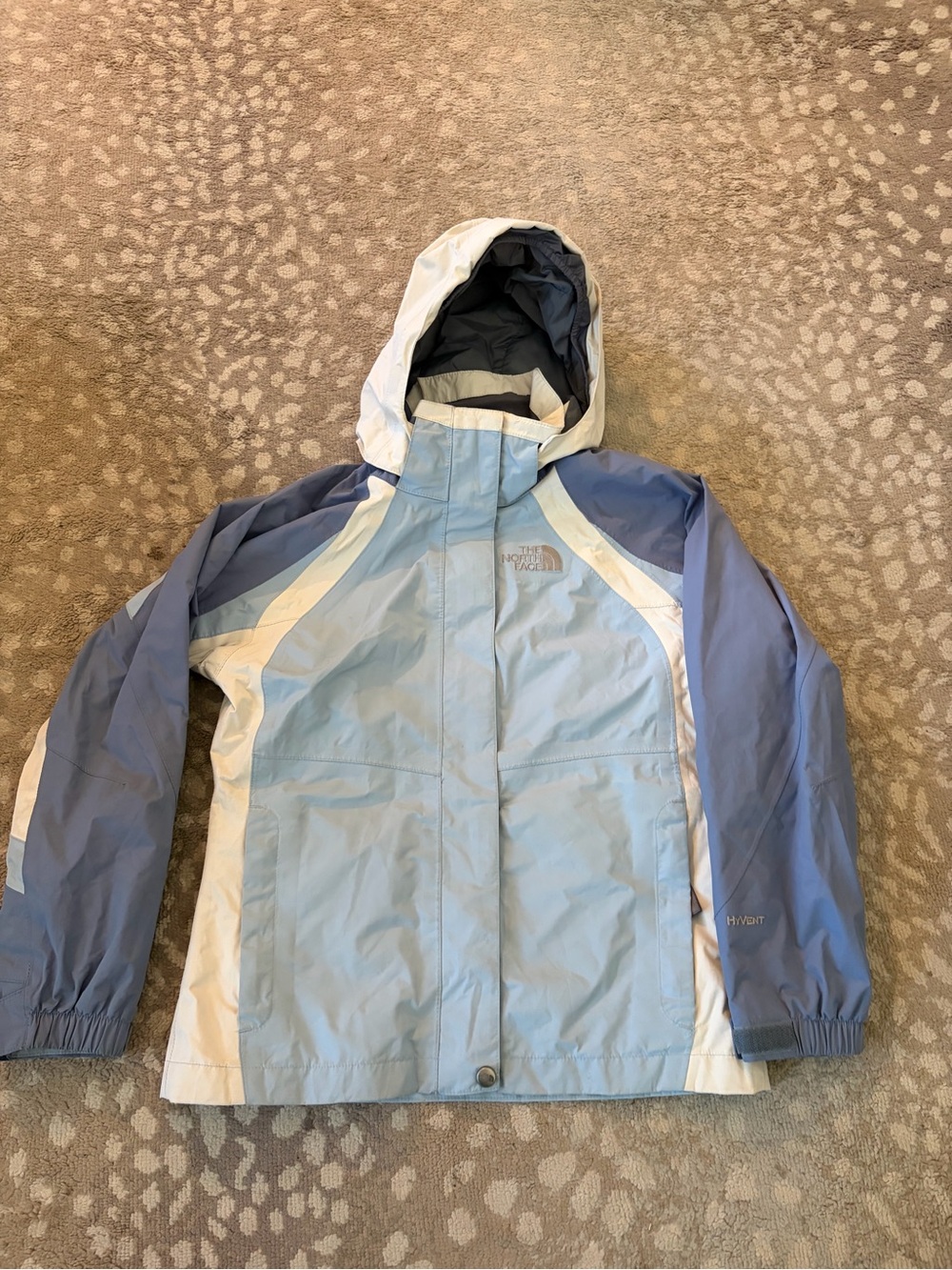 The North Face Light Blue and White Kids' Hooded Raincoat